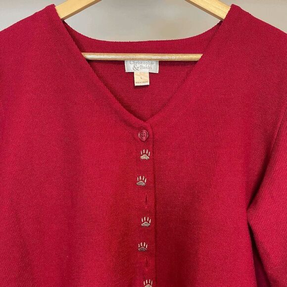 Christopher & Banks Red Dog Paw Print Button Front Cardigan Sweater - Picture 3 of 7